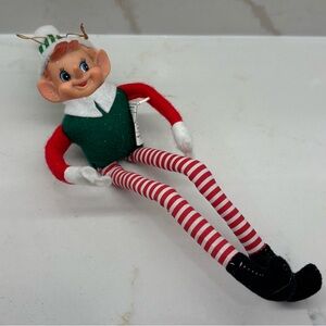 Vintage Elf Pixie Knee Hugger Bendable Posable Ornament with Striped Hat